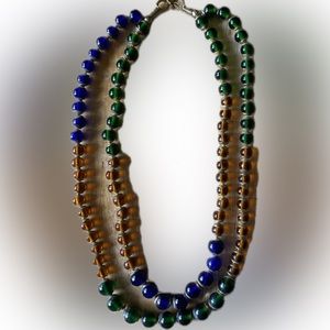 Pretty 2 strand glass bead necklace with brass decor, Fits up to 18” neckline